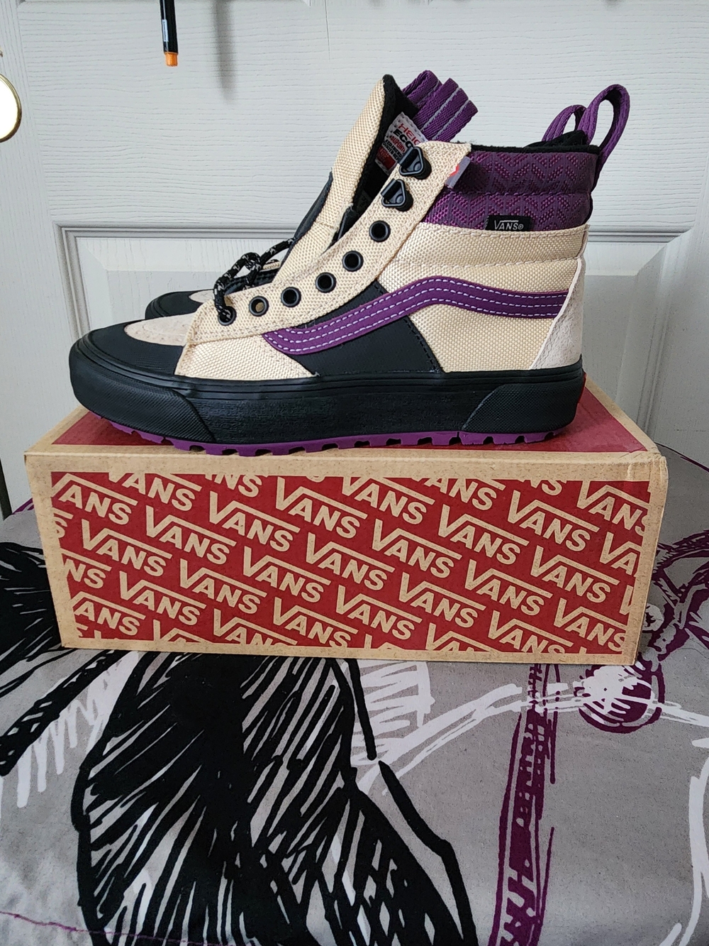Vans Women’s High-Top Canvas Boot in Purple and Cream